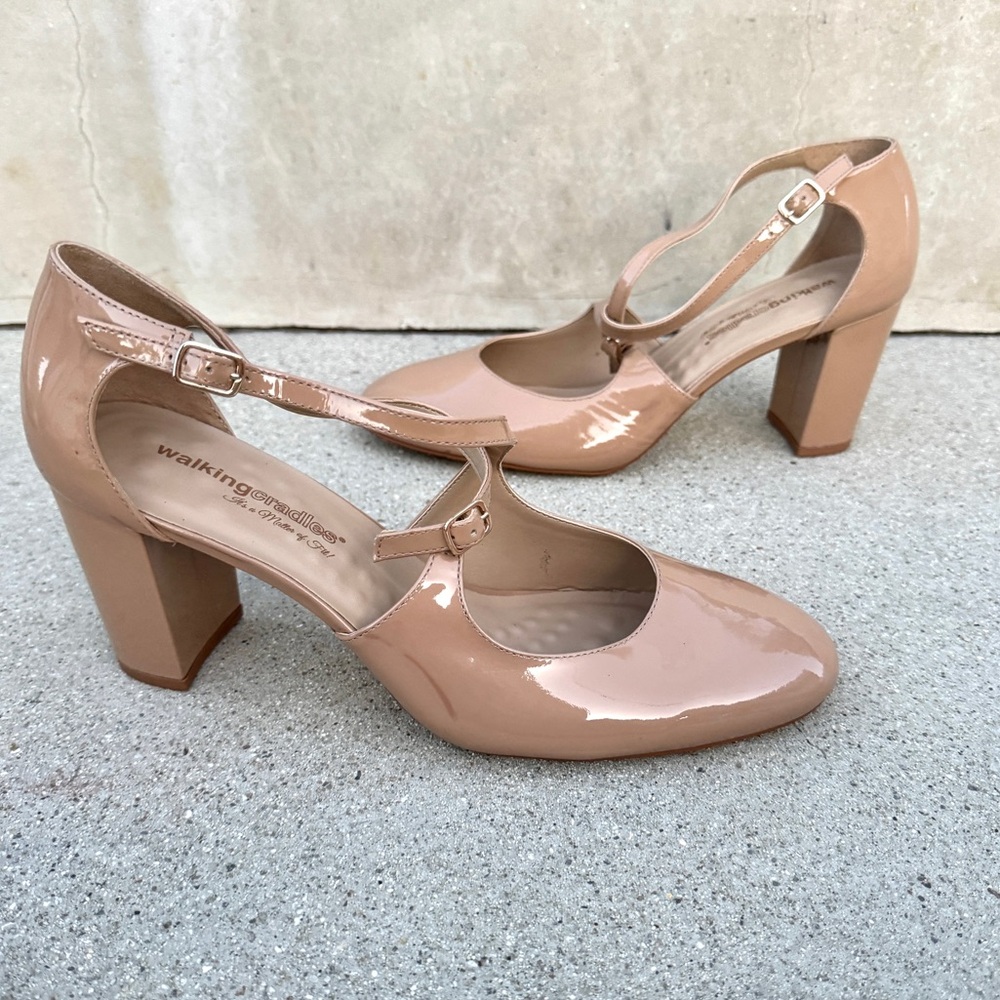 WALKING CRADLES patent leather heels dance pumps nude neutral strappy block tan